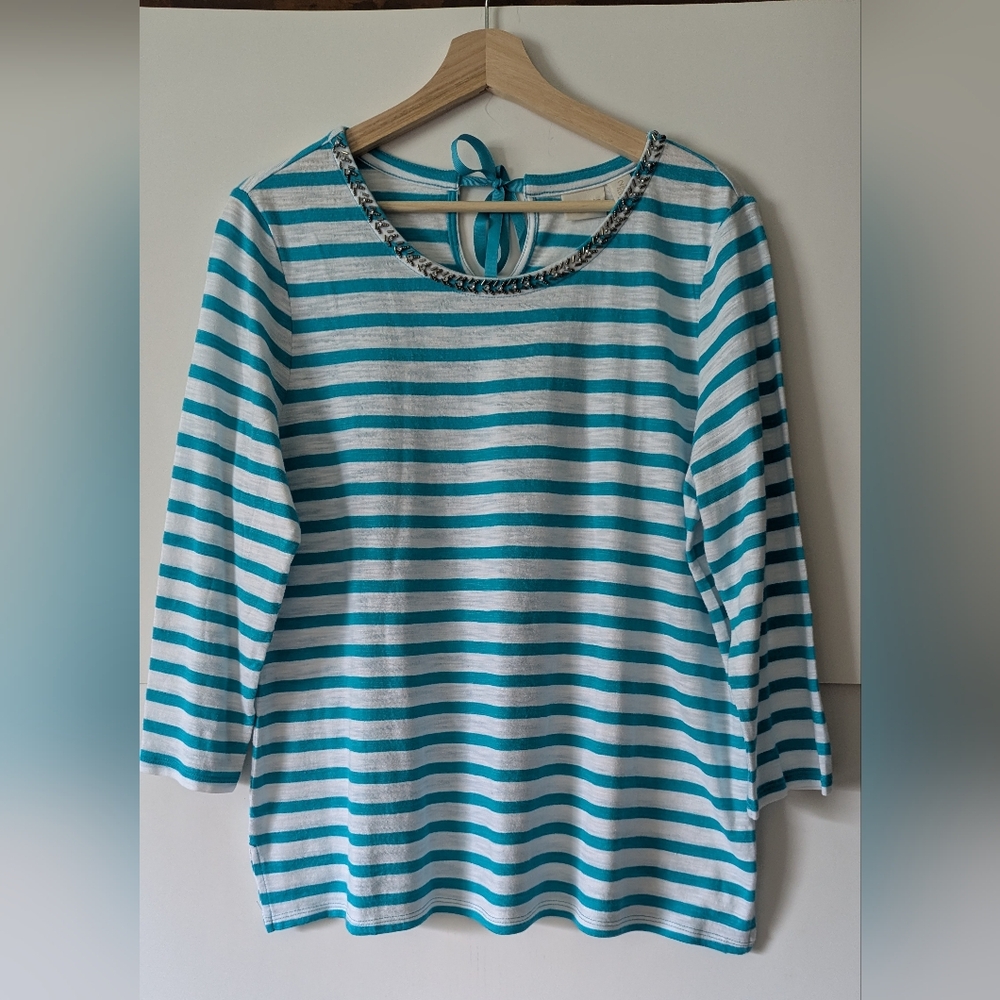 Chico's 2 Large, 14 Jewel Embellished Neckline Turquoise & White 3/4 Sleeve